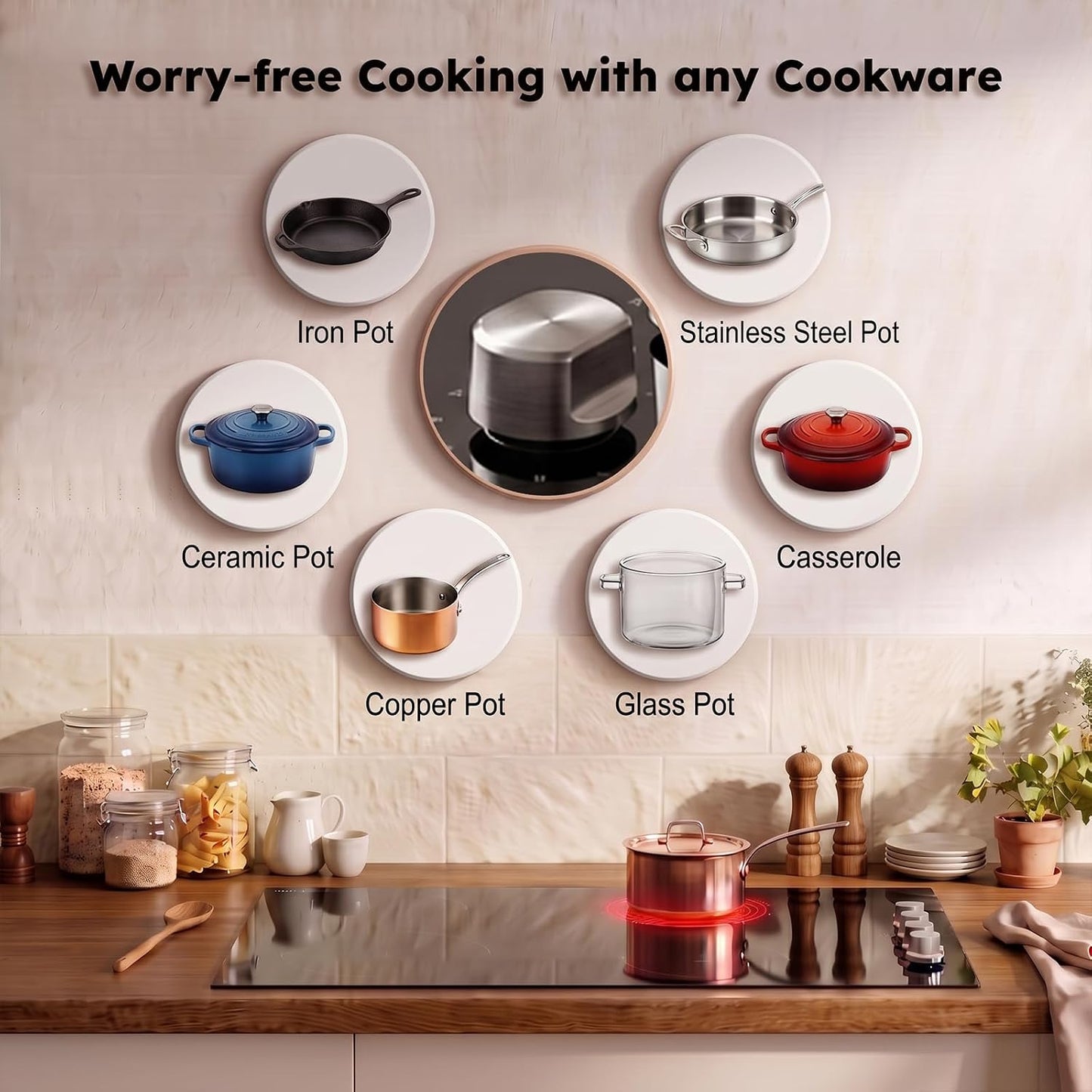 30 Inch Built-in Electric Ceramic Cooktop, Stove Top with 4 Burners, Radiant Heating, 9 Power Levels, Knob Control, 240V Hardwired