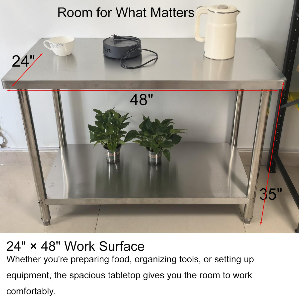 Stainless Steel Work Table, 24 x 48 Inch Heavy-Duty Prep Table with Undershelf and Reinforced Supports for Kitchen, Restaurant, Garage, Workshop, and Laundry Room