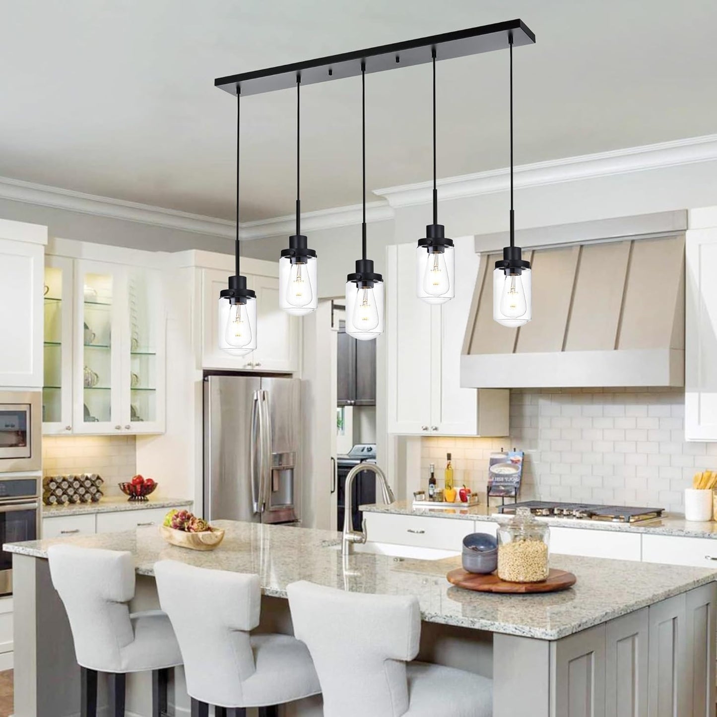 5-Light Dining Room Light Fixtures Hanging Linear Chandeliers for Dining Room, Farmhouse Black with Glass Shades