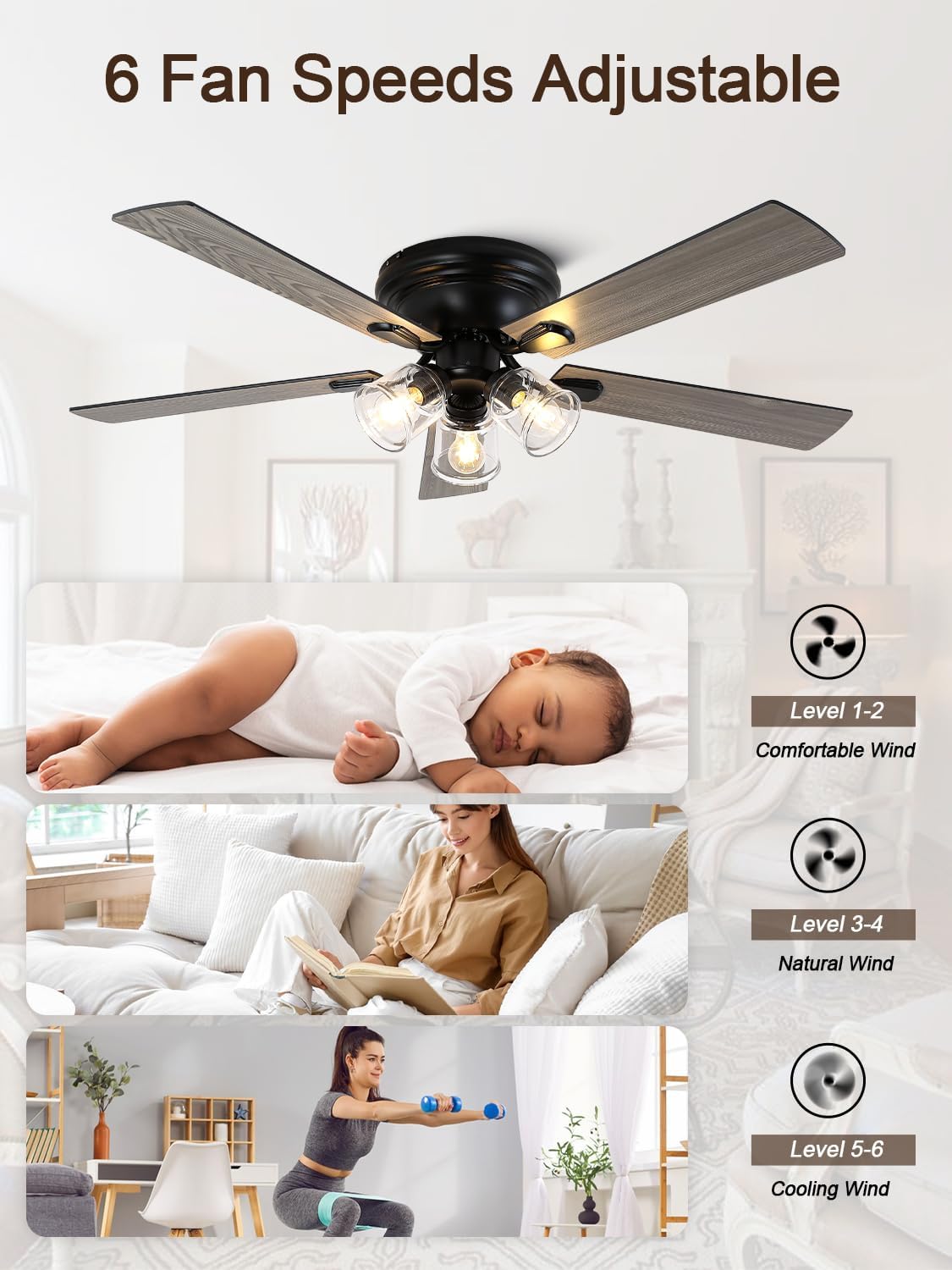 52 Inch Flush Mount Farmhouse Ceiling Fan with Lights and Remote | Rustic Fandelier Ceiling Fan, Low Profile Chandelier, 5 Dual Blade, for Bedroom Living Room, Reversible DC Motor 6 Speeds Vintage-V2