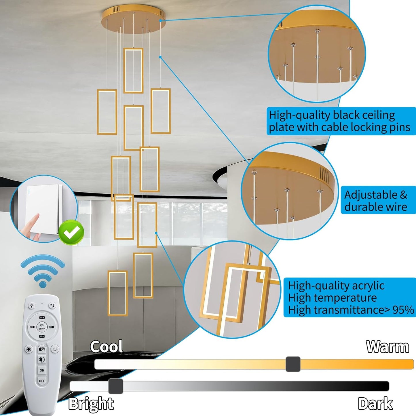 Modern LED Chandelier 10 Rings Rectangle Chandelier Dimmable With Remote Control Gold Pendant Light 120in Adjustable Height Long Staircase