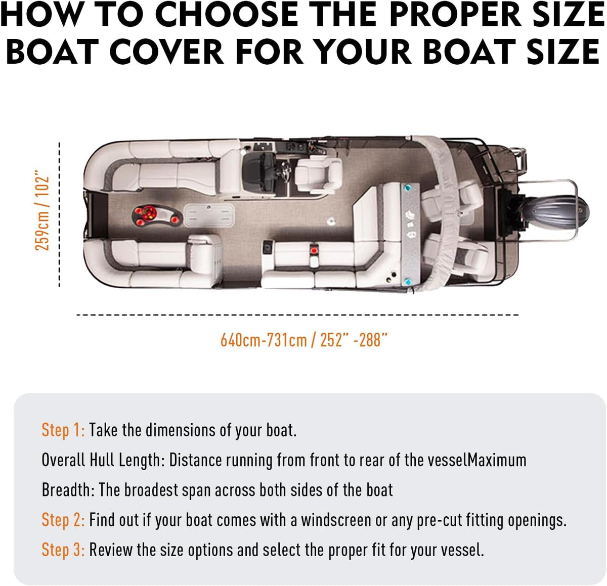Pontoon Boat Cover 21-24 ft 102" Max Beam, Heavy-Duty 900D Oxford with 10000PA Waterproof & UV Protection Pontoon Cover, 12 Adjustable Straps & 2 Long Tie-Downs for Boat Cover