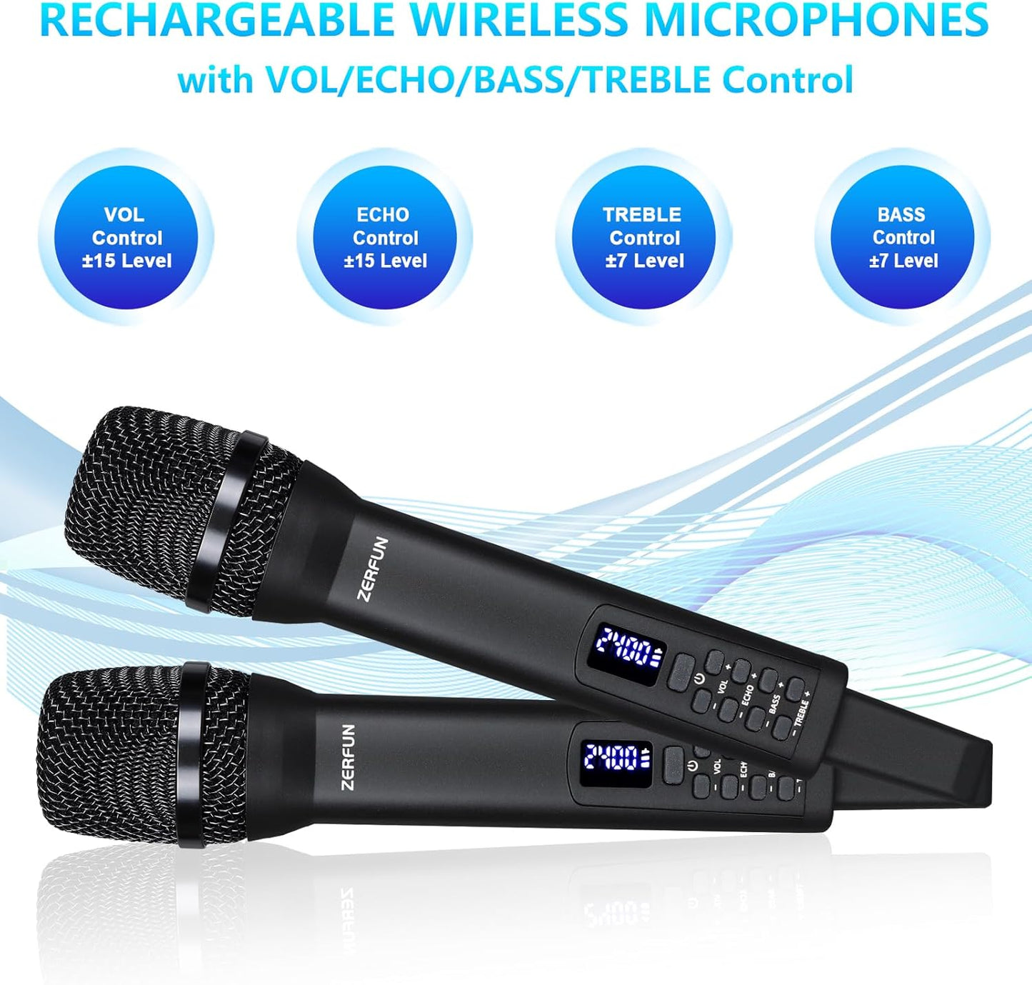 Rechargeable Wireless Microphones 4, Pro Handheld Cordless Mics System Dynamic with Echo Treble BASS VOL Contr