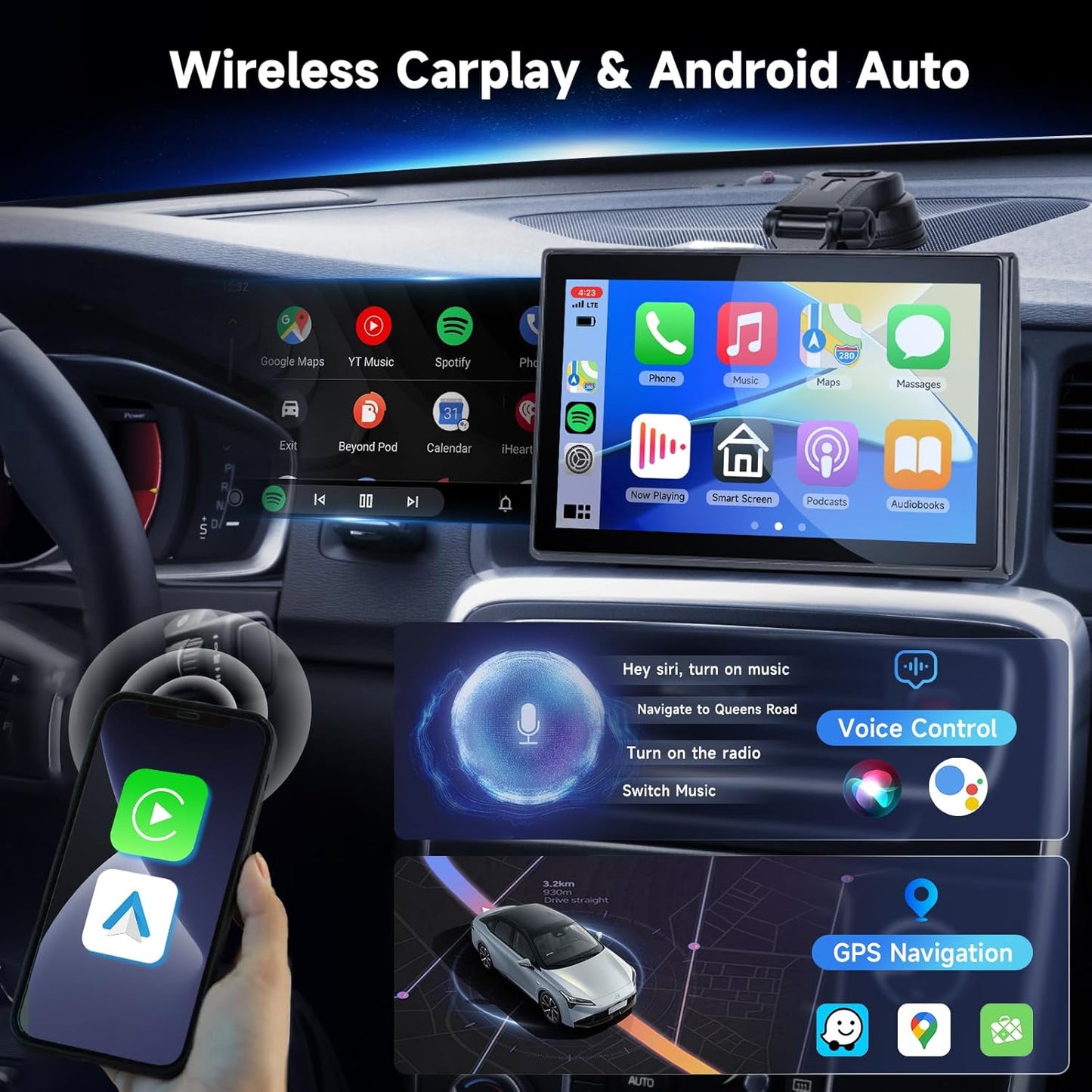 Portable Apple Carplay Screen for Car, 7' HD IPS Portable Car Stereo Touch Screen Wireless Carplay Android Auto,Car Play Car Audio Receiver,Bluetooth