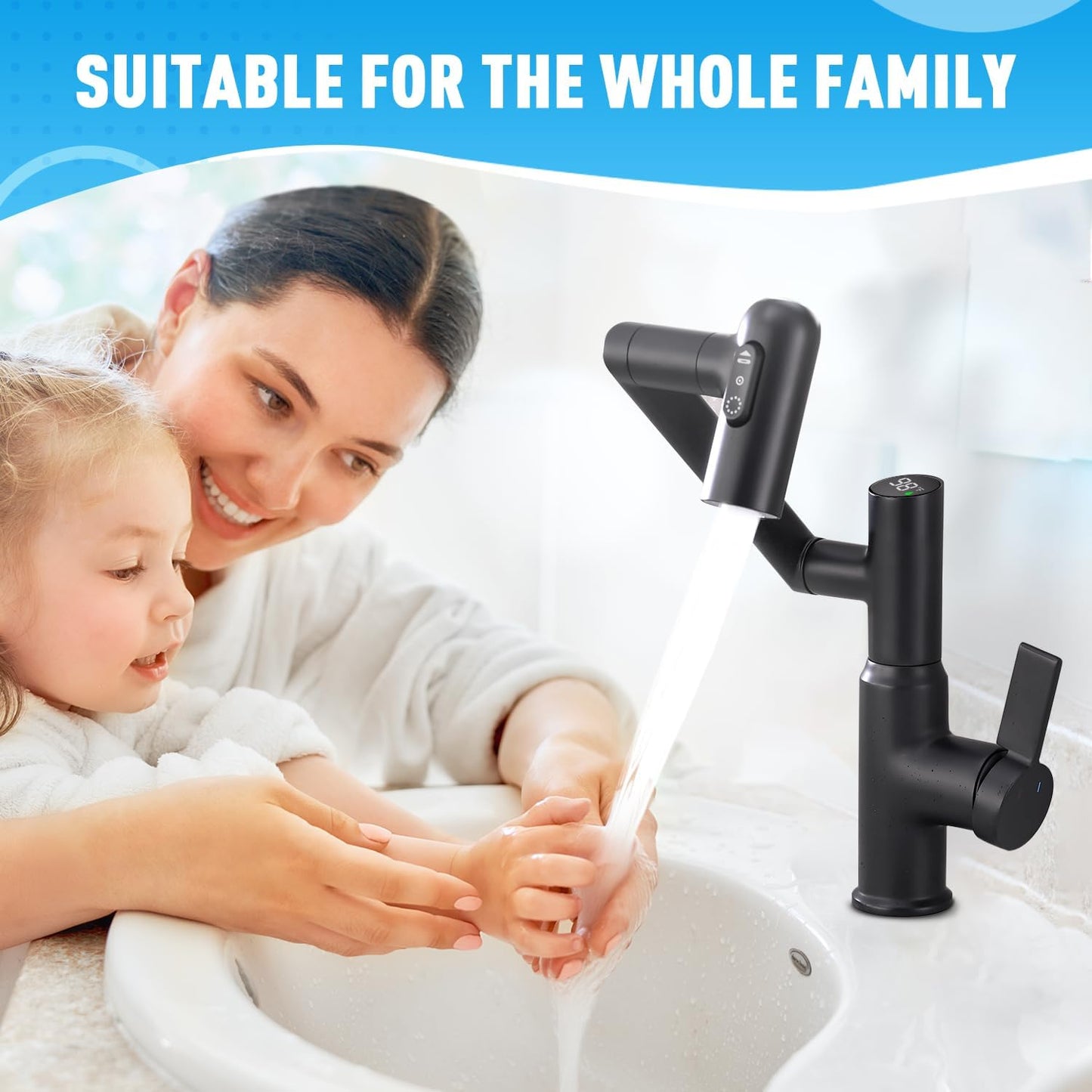 Bathroom Sink Faucet, XIANPIOO Rotatable Faucets with Temperature Display in Fahrenheit(Batteries-Free), 3 Water Setti