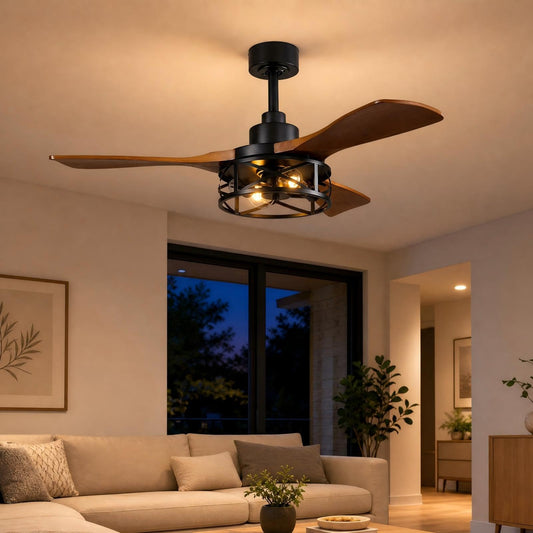 42 Inch Modern Farmhouse Ceiling Fan with Light, 3 Walnut Blade Industrial Cage Light, Quiet DC Motor, App & Remote, 4"+8" Downrods, Hard‑wired Indoor Fan for Bedroom & Living Room
