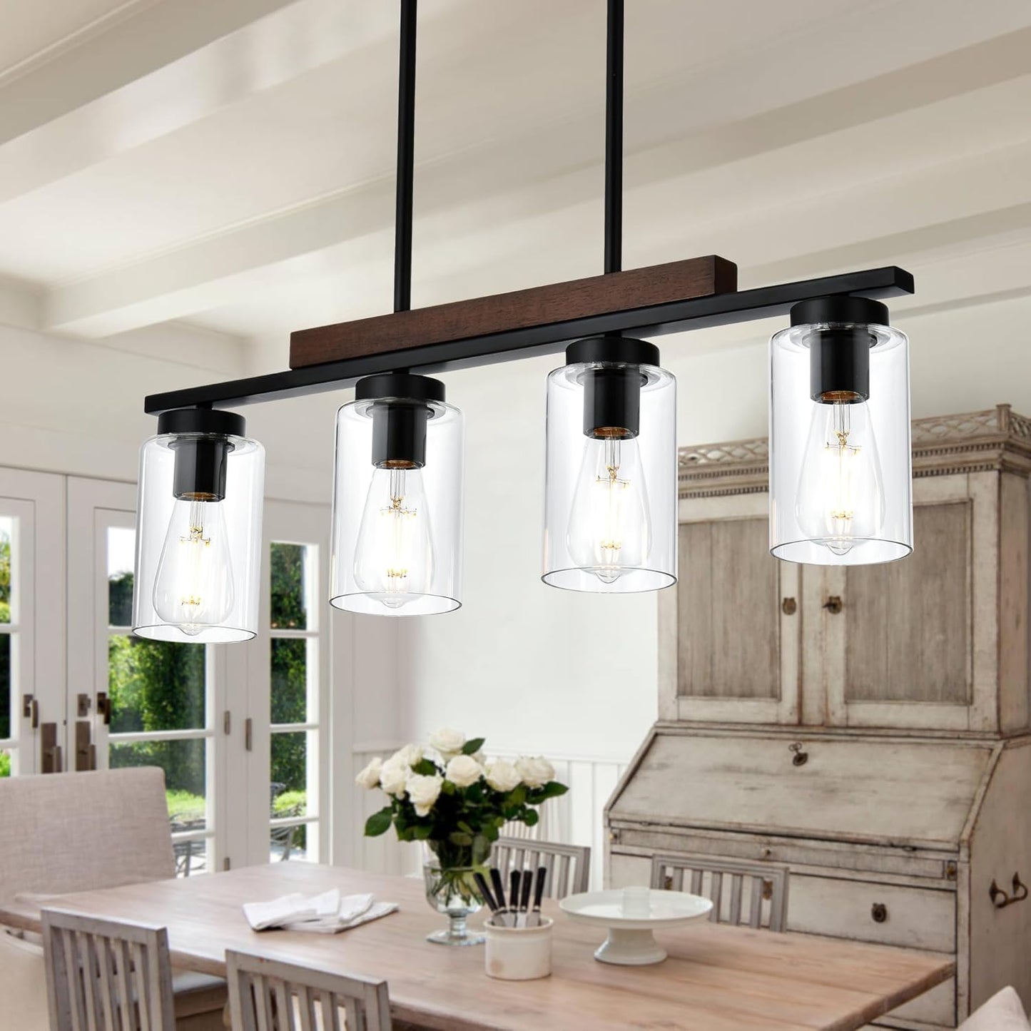 TODOLUZ 4-Lights Farmhouse Pendant Lights Fixtures Ceiling Hanging, Modern Black Kitchen Island Lighting with Clear Glass Lampshades (Cylinder Clear