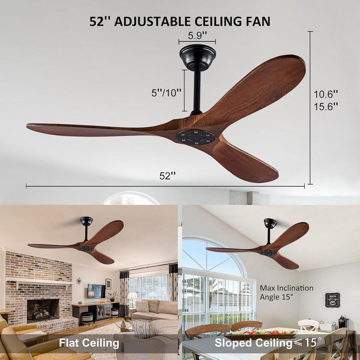 Outdoor Ceiling Fan no Light, 52 inch Wood CeIling Fans without Light and Remote Control,Black Ceiling Fan for Patio, Modern Design for Garage, Living Room, Bedroom, Office