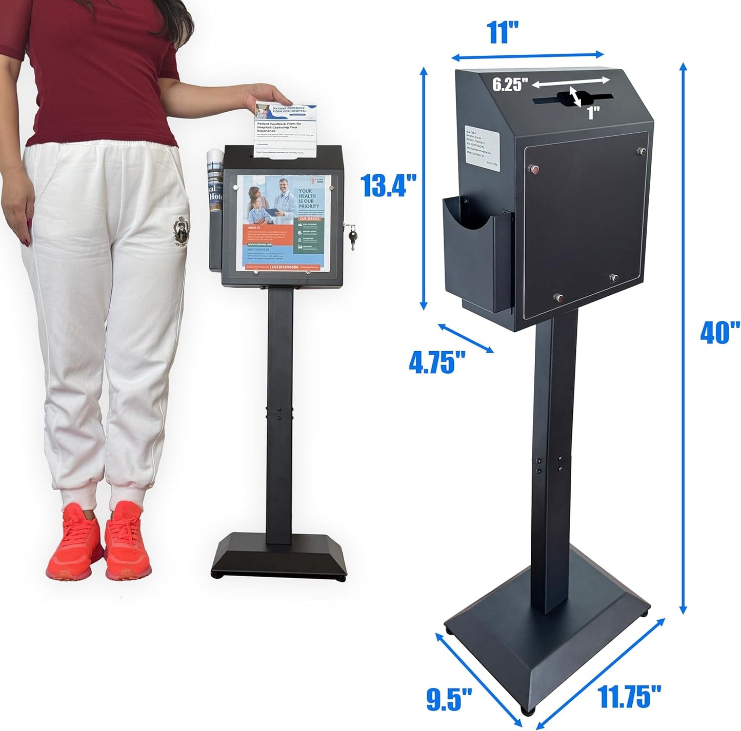 Suggestion Box with Stand, Floor Standing Metal Locking Ballot Collection Safe Box for Voting, Charity, Donation, Church, Election, Hospital Feedback, and Car Rental Key Return, Black