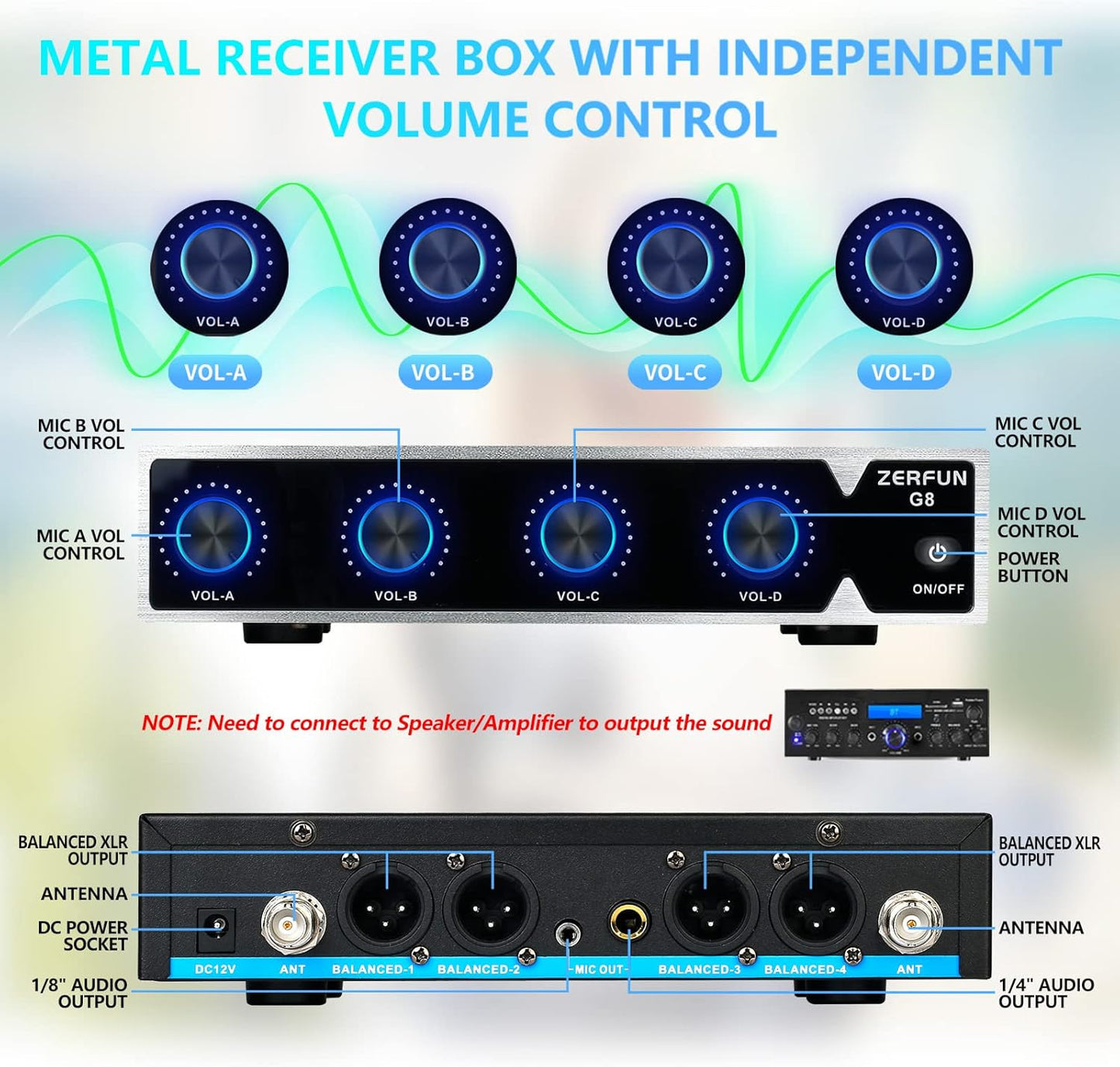 ZERFUN G8 Rechargeable Wireless Microphone System 4 Channel, UHF Metal Karaoke Cordless Mics Professional Handheld for Singing Church, VOL Control,