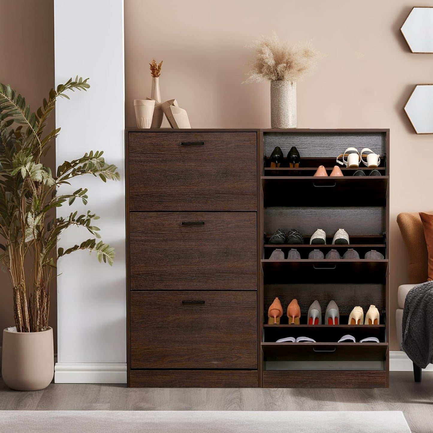 Shoe Storage Cabinet with 3 Flip Drawers, Freestanding Storage Racks for Entryway Hidden Narrow Shoe Organizers Perfect for Heels, Boots, Slippers, Walnut Brown