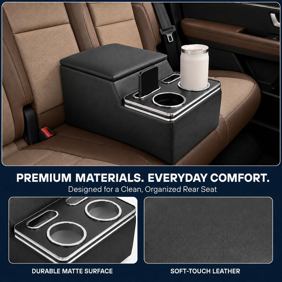 Bench Seat Center Console for Trucks, Cup and Phone Holders, Black