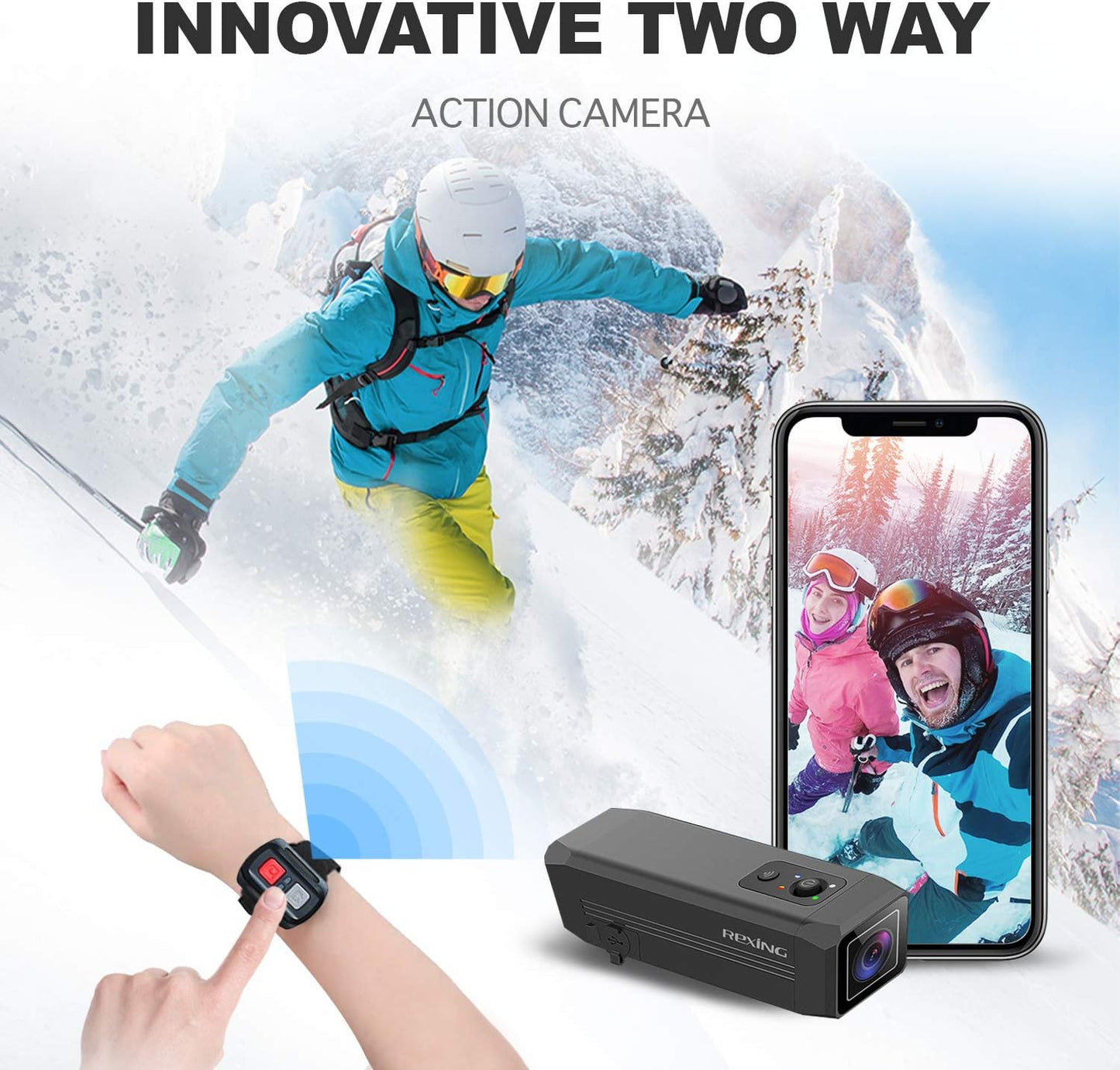 RexingUSA A1 Two-Way Action Camera 1080p@30fps, Wi-Fi Connectivity, Broad View, Wrist Remote Control, IMX307 Sensor, Water-Resistant, Extreme Sports