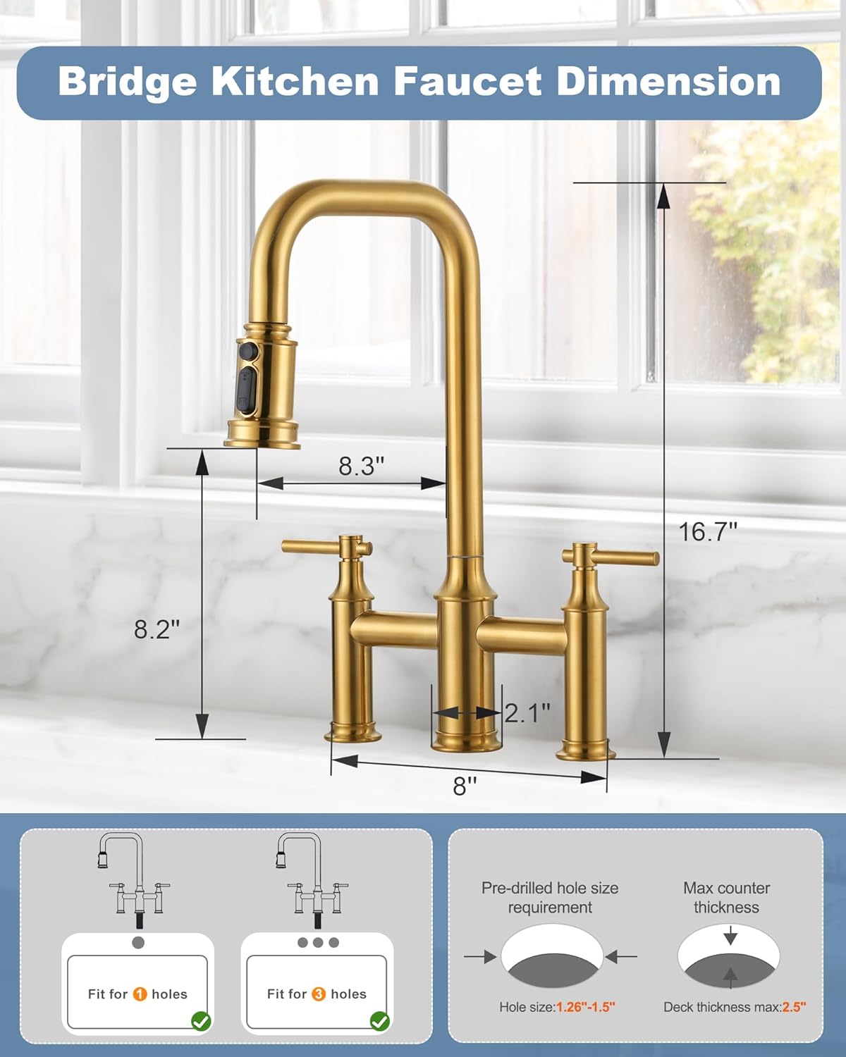 Kitchen Faucet Brushed Gold: Two Handles 8 Inch Centerset Brass Kitchen Faucet - 3 Holes High Arc Kitchen Faucet with Pull Down Sprayer for