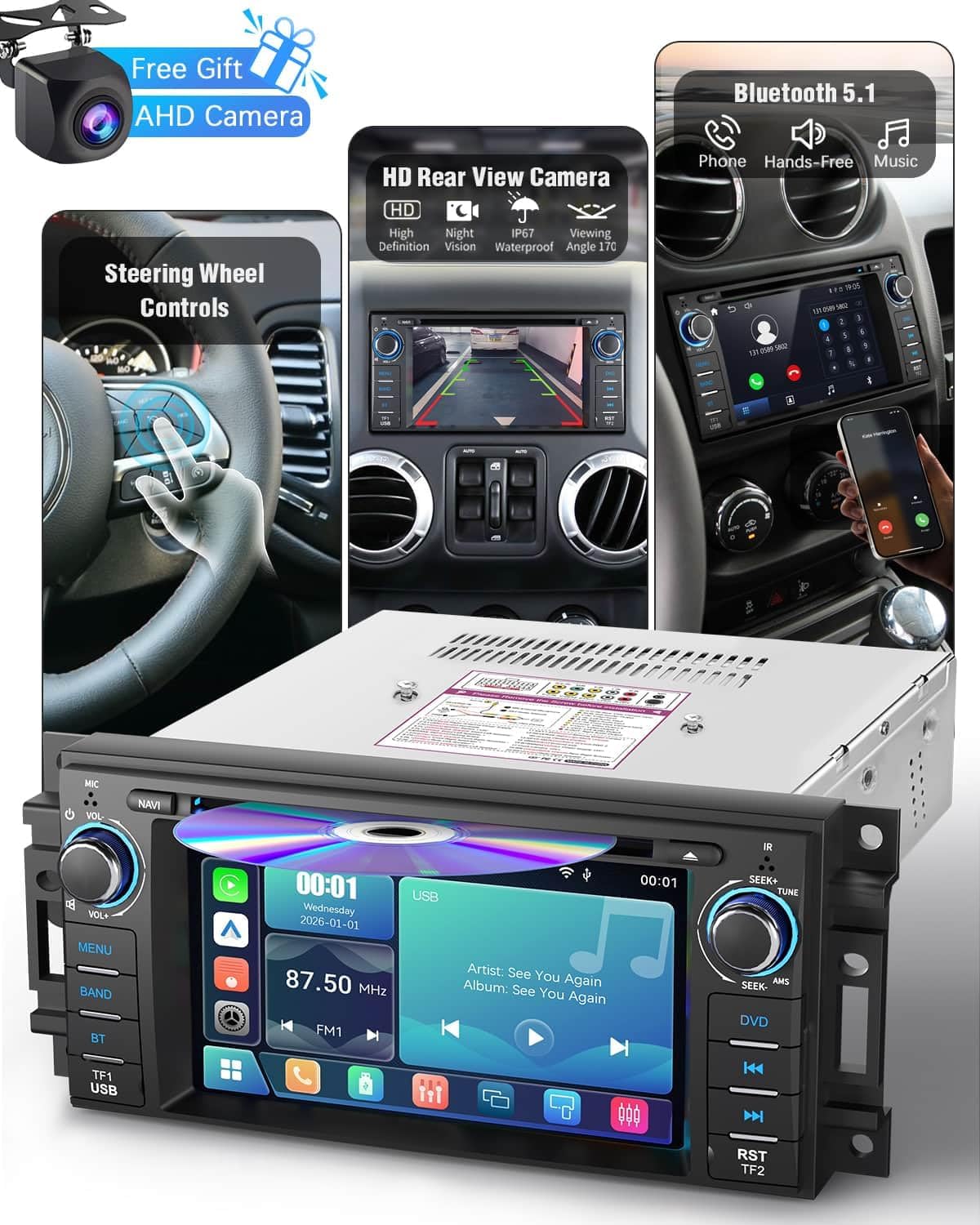 2026 Car Radio with CD/DVD Player for Dodge RAM 1500 2500 3500 (2009-2012), for Jeep Wrangle/Unlimited (2007-2015),Upgrade CarPlay&Android Auto,Online Navigation,AM,FM,Bluetooth