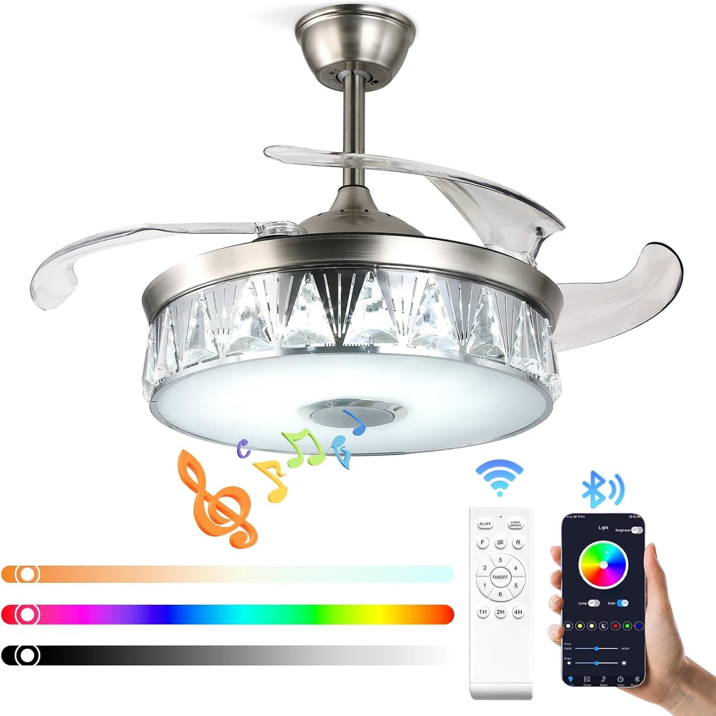 Ceiling Fan, Modern Retractable Fan Ceiling Light with Bluetooth Speaker RGB,42' Retractable Ceiling Fans, Fandelier Ceiling