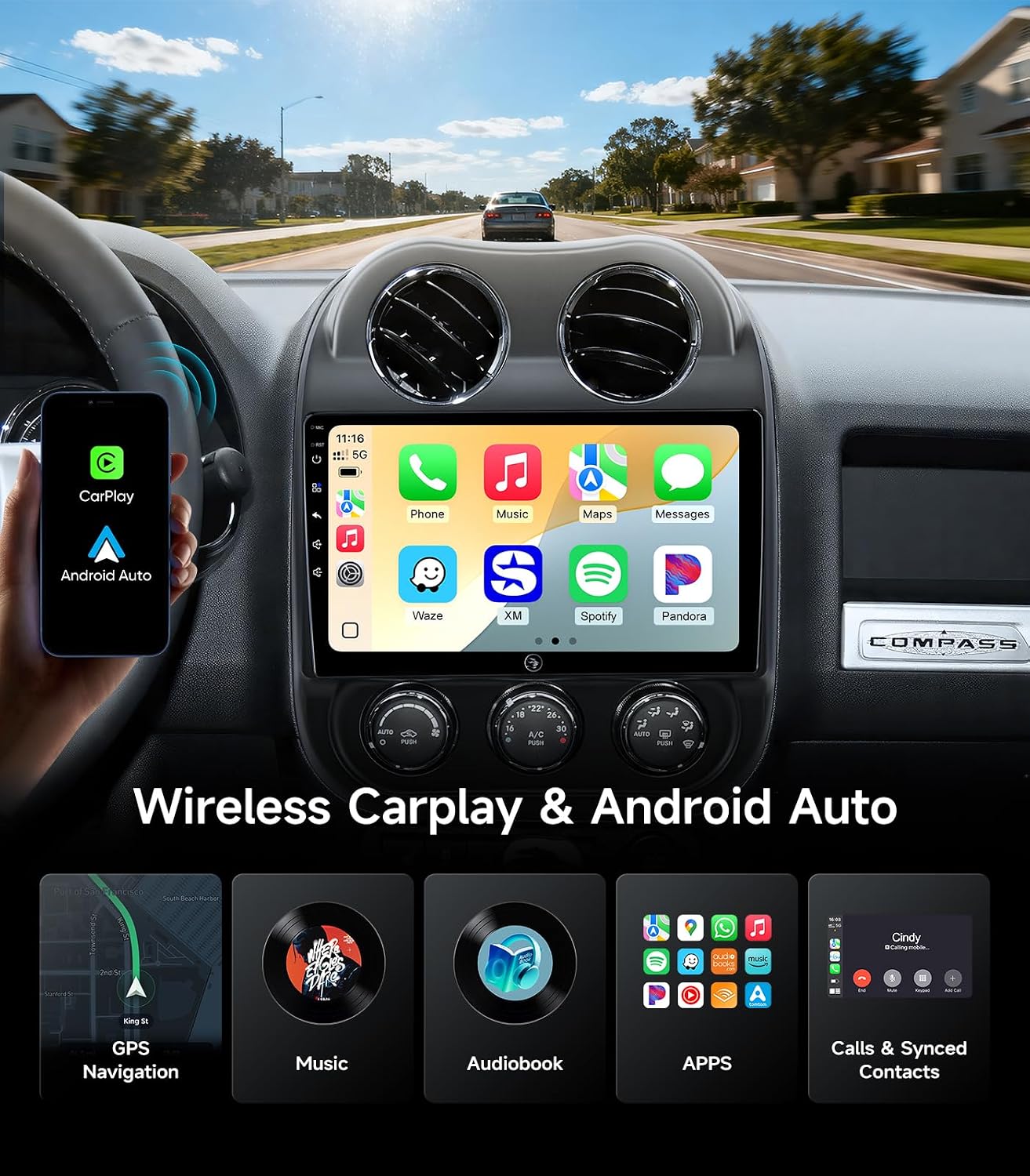 10.2" Car Radio Stereo GPS Navigation System for Jeep Compass Patriot 2010 2011 2012 2013 2014 2015 2016, Wireless CarPlay Android Auto, 5G WiFi, AHD Backup Camera, Plug & Play