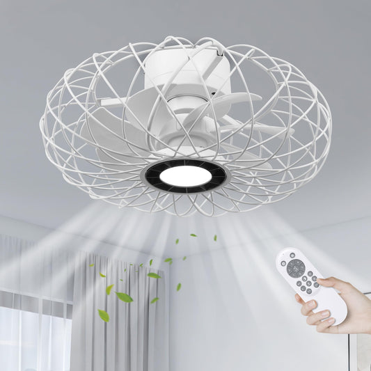 PAZALA Caged Ceiling Fans with Lights Remote Control,15 inch Flush Mount Retro White Small Enclosed Ceiling Fan with Remote, 3 Color Dimmable, 6 Speeds Reversible Ceiling Fan for Bedroom, Dining Room