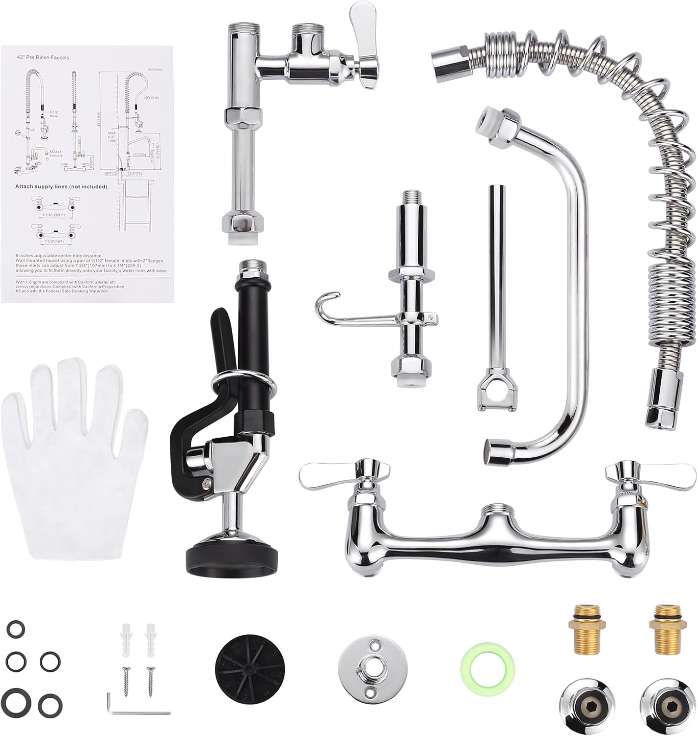 ALEASHA 21 Inches Commercial Faucet with Sprayer, Commercial Sink Faucet with 8 Inches Adjustable Center for Restaurant Indus