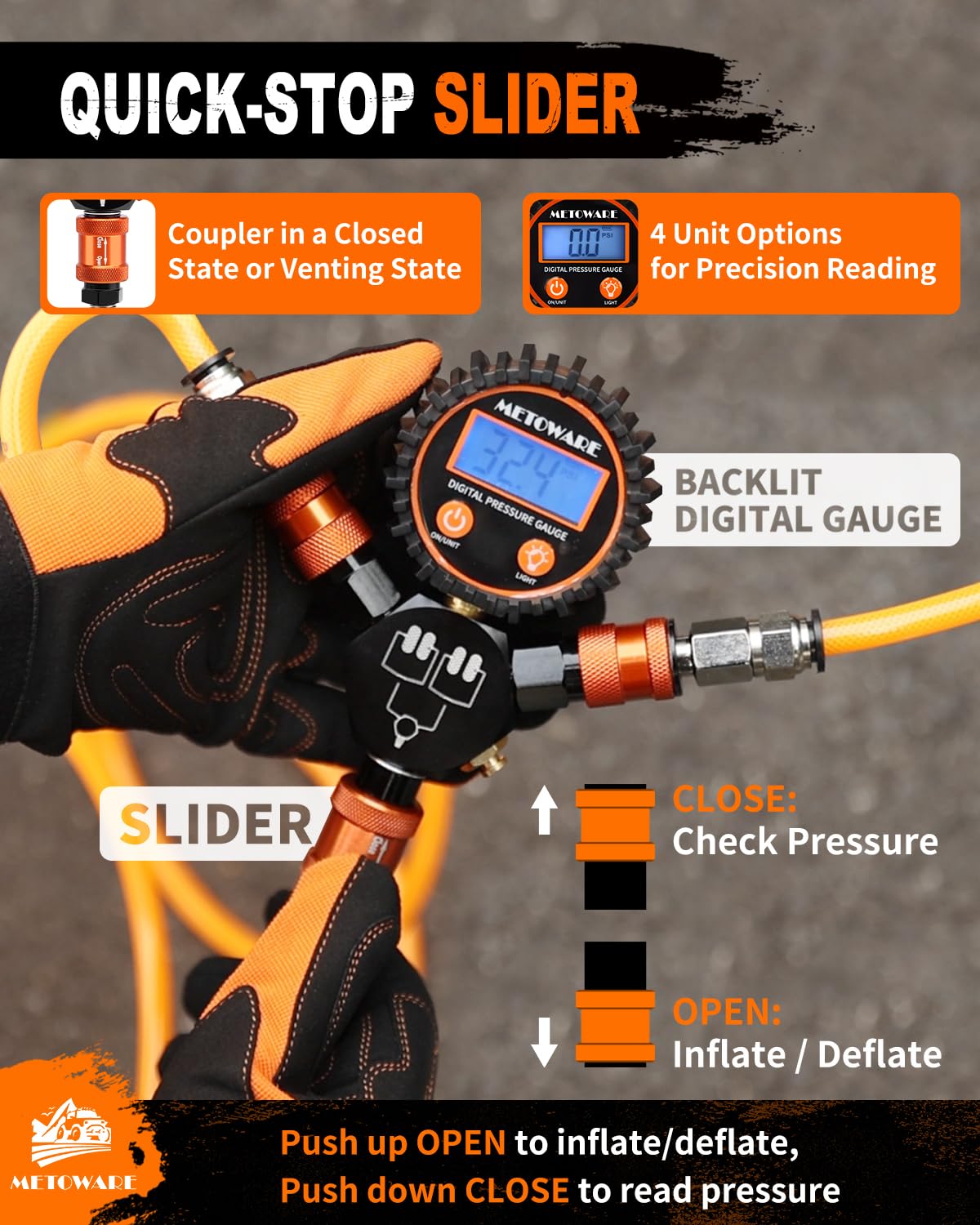 METOWARE 4 Tire Inflation & Deflation System with Digital Gauge, Air Up Down Kit for Truck SUV Off-Road, 4-Wheel Inflation All at Once, Fits Up to 255" Wheelbase, Leak-Free Design, Manual Bleed Valve