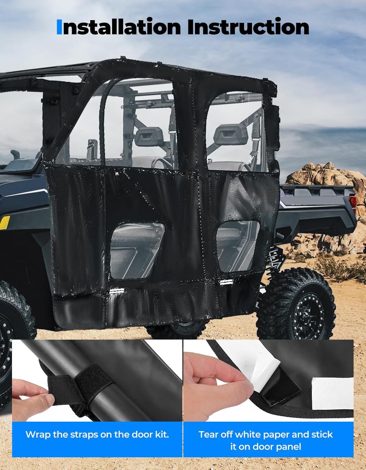 UTV Cab Enclosure Compatible with Polaris Ranger XP 1000 Crew 2019-2024, 2 Zipper Soft Upper Doors with Open Slot for Mirrors, Rolling Window, Water