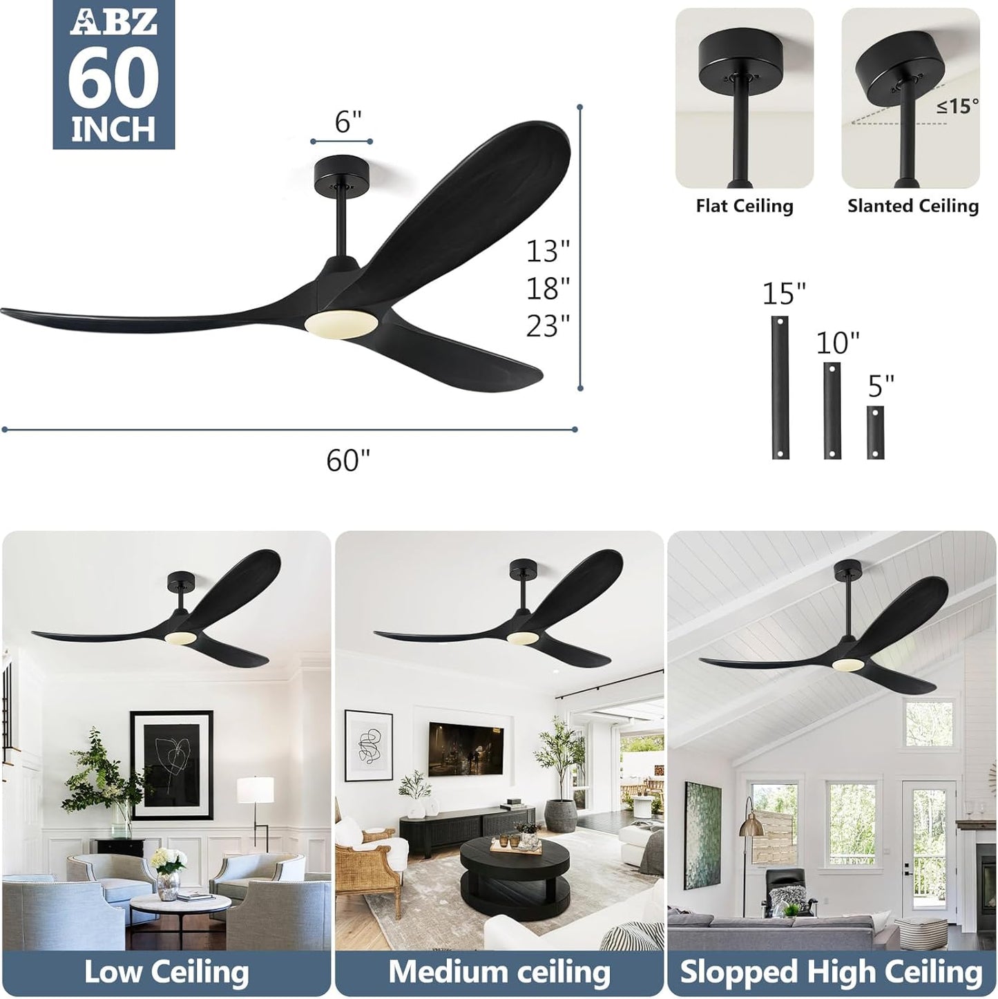 ABZ Ceiling Fans with Lights - 60 inch Propeller Ceiling Fan with Remote Control, 3 Blades Black Solid Wood Ceiling Fan for Indoor Outdoor Patio