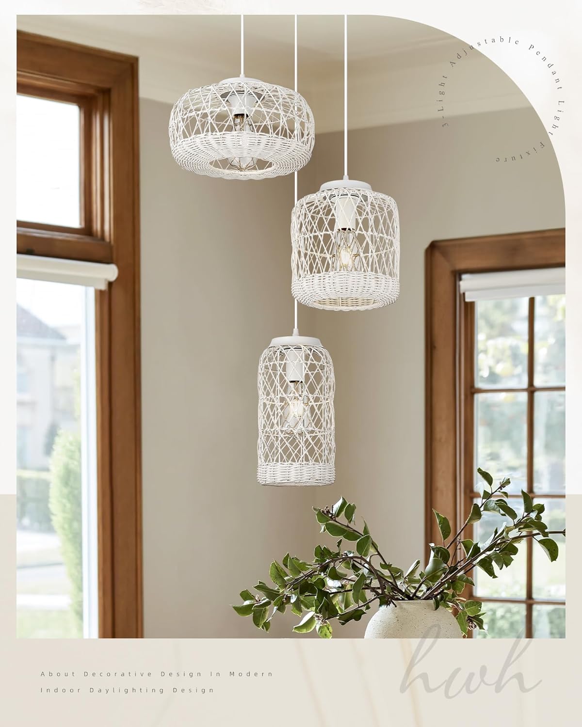 3 Cluster Pendant Light Fixture, HWH Boho Chandelier Light Fixture Rattan Pendant Light, Adjustable Kitchen Hanging Light for Island Dining Room,