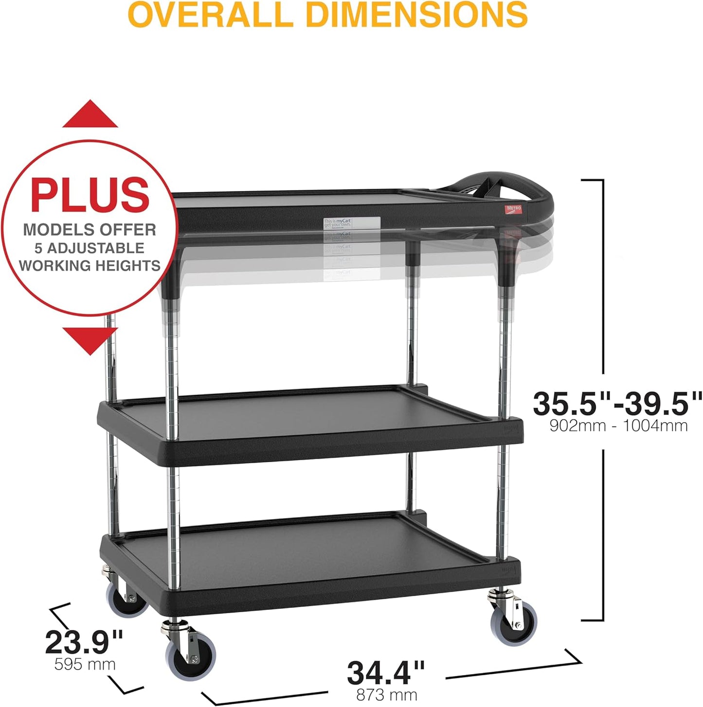 Utility Cart - Choose-Your-Height Adjustable Heavy Duty Rolling Cart for Home, Commercial and Industrial Use - 3-Shelf, 400 lbs Capacity - 23.9'