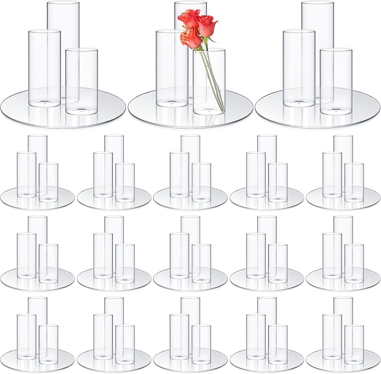 17 Pcs 10 Inch Round Glass Mirror Trays and 53 Pcs Different Height Glass Cylinder Vases Wedding Table Flower Vase with Mirror Set (was a set or 18