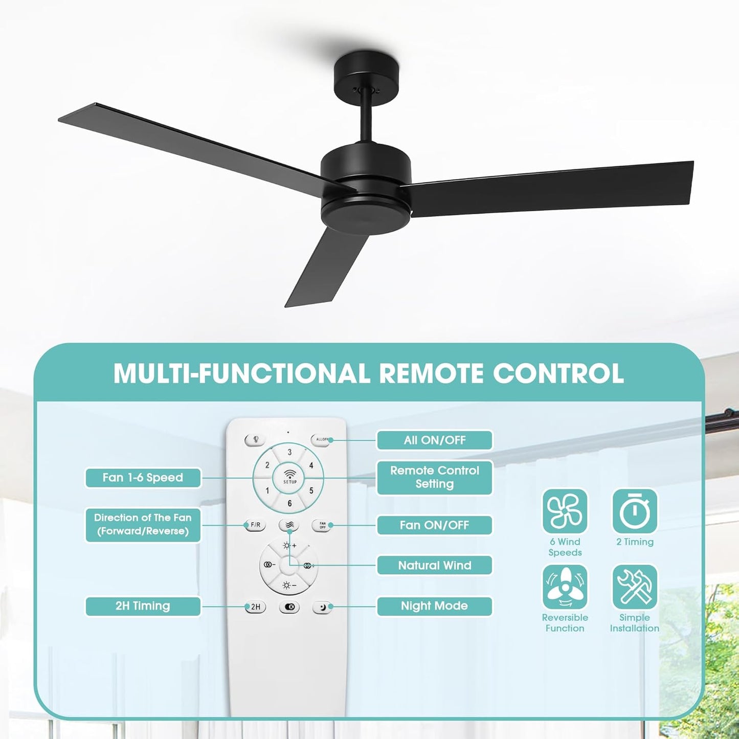 IHomeAdore Ceiling Fan without Light, 52 Inch Modern Ceiling Fan No Light with Remote for Living Room Badroom, 3 Blades,DC Motor