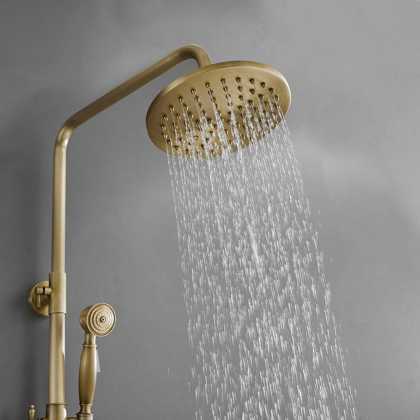 Antique Brass Outdoor Shower Kit, Exposed Pipe Shower System Set, Rainfall Outside Shower Features Two Handle High Pressure, Wall Mount (Antique