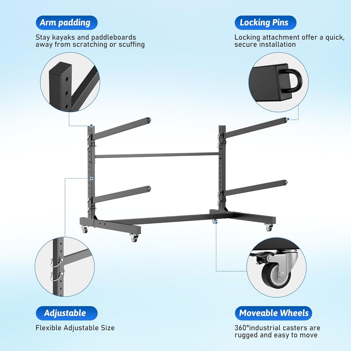 Kayak Storage Rack, Freestanding Kayak Stand with Wheels, Heavy Duty Kayak Holder, Adjustable Canoes and Surfboards