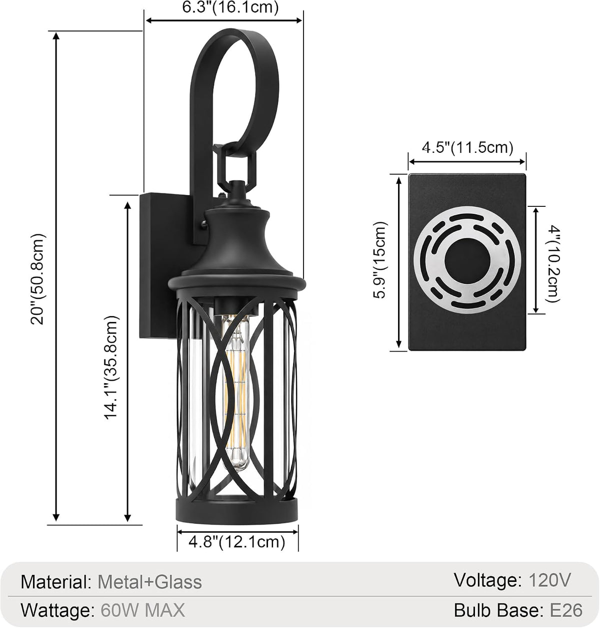20IN Dusk to Dawn Outdoor Light, Black Wall Light Fixture 2-Pack