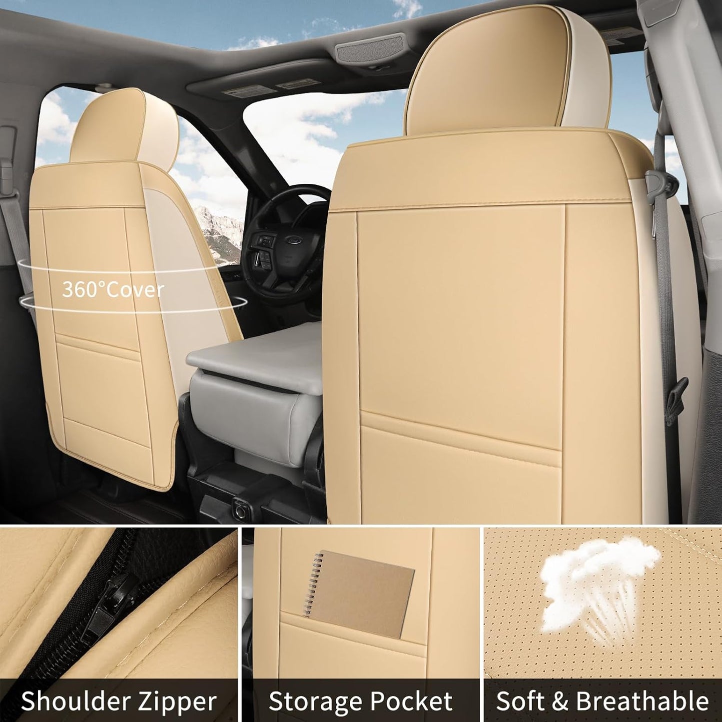 Seat Covers Fit for Chevy Chevrolet Silverado GMC Sierra Custom Fit 2007-2025 2026 1500 2500 3500HD Waterproof Faux Leather Car Seat Cover Full Coverage Car Seat Covers Sets (5 Seats/Beige)