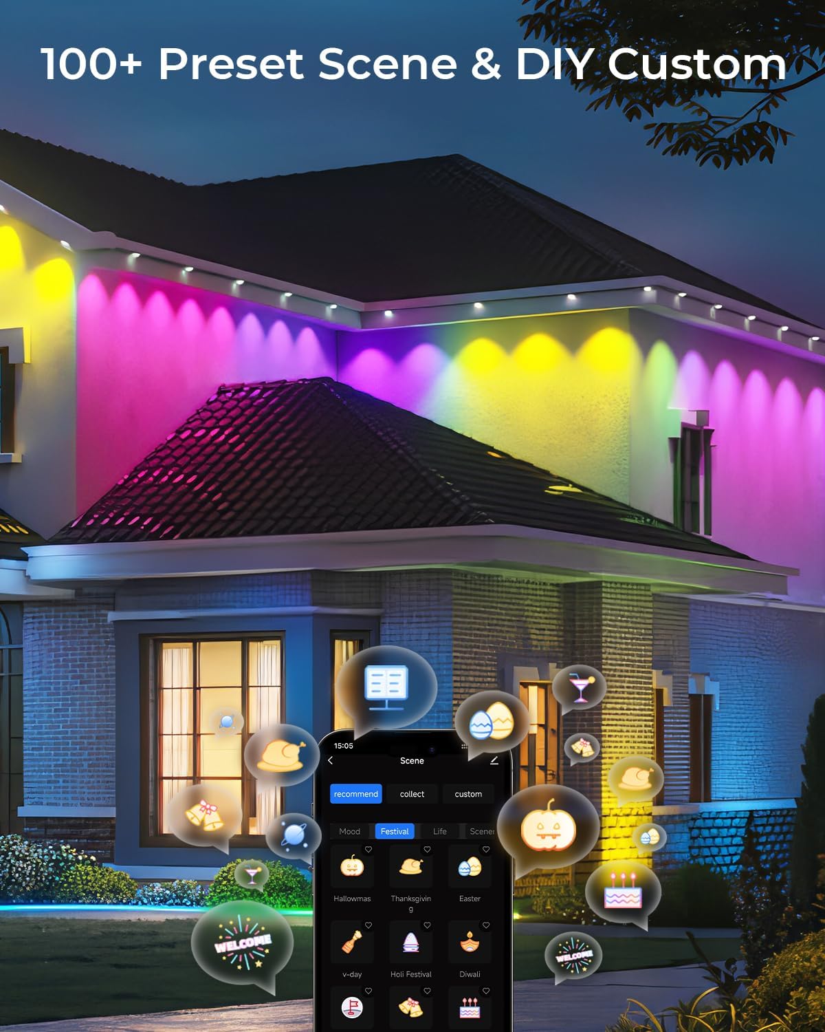 Permanent Outdoor Lights 100ft, Smart RGBW Eaves Lights with 72 LEDs, IP67 Waterproof, 111 Scene Modes for Daily and Festival, Halloween Christmas Par