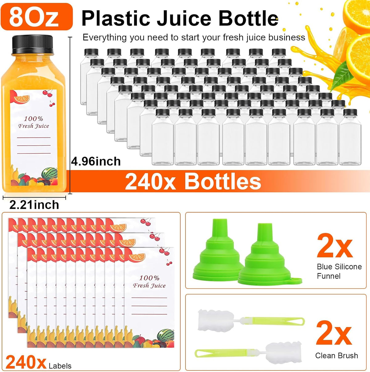 OBKJJ Plastic Juice Bottles 240 pcs 8 oz Empty Plastic Water Bottles with Caps Reusable Clear Beverage Containers for Drinking, Juicing, Smoothie, Water with 2 Brushes, 2 Funnels