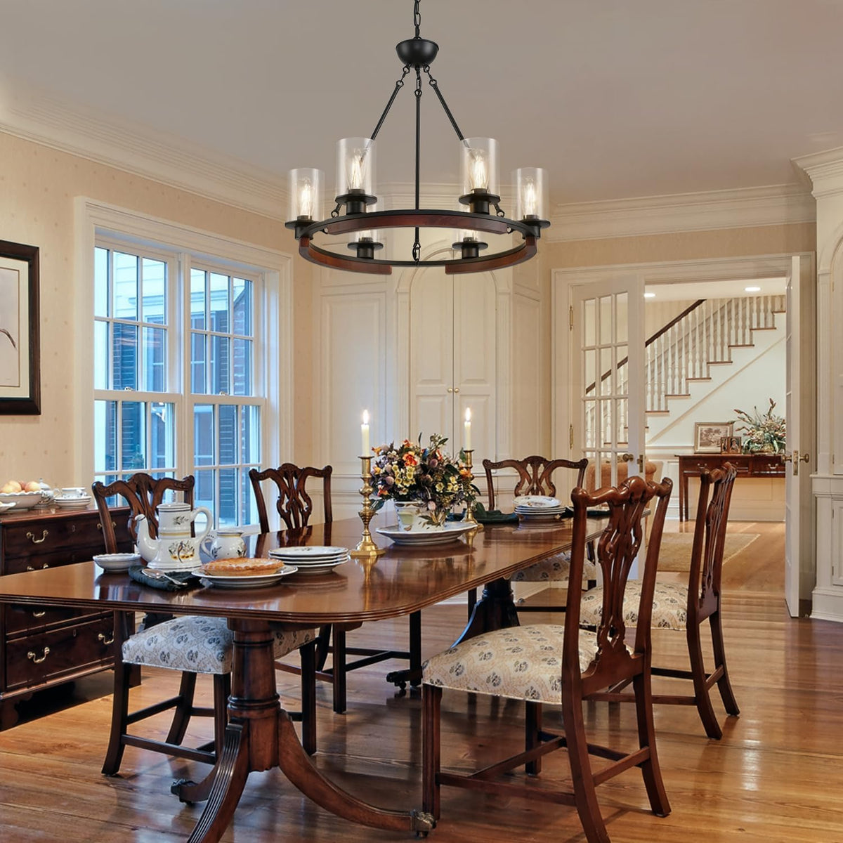 28 Inch Wagon Wheel Chandelier, 6-Light Round Farmhouse Chandeliers Wood Large Dining Room Pendant Light Fixture with