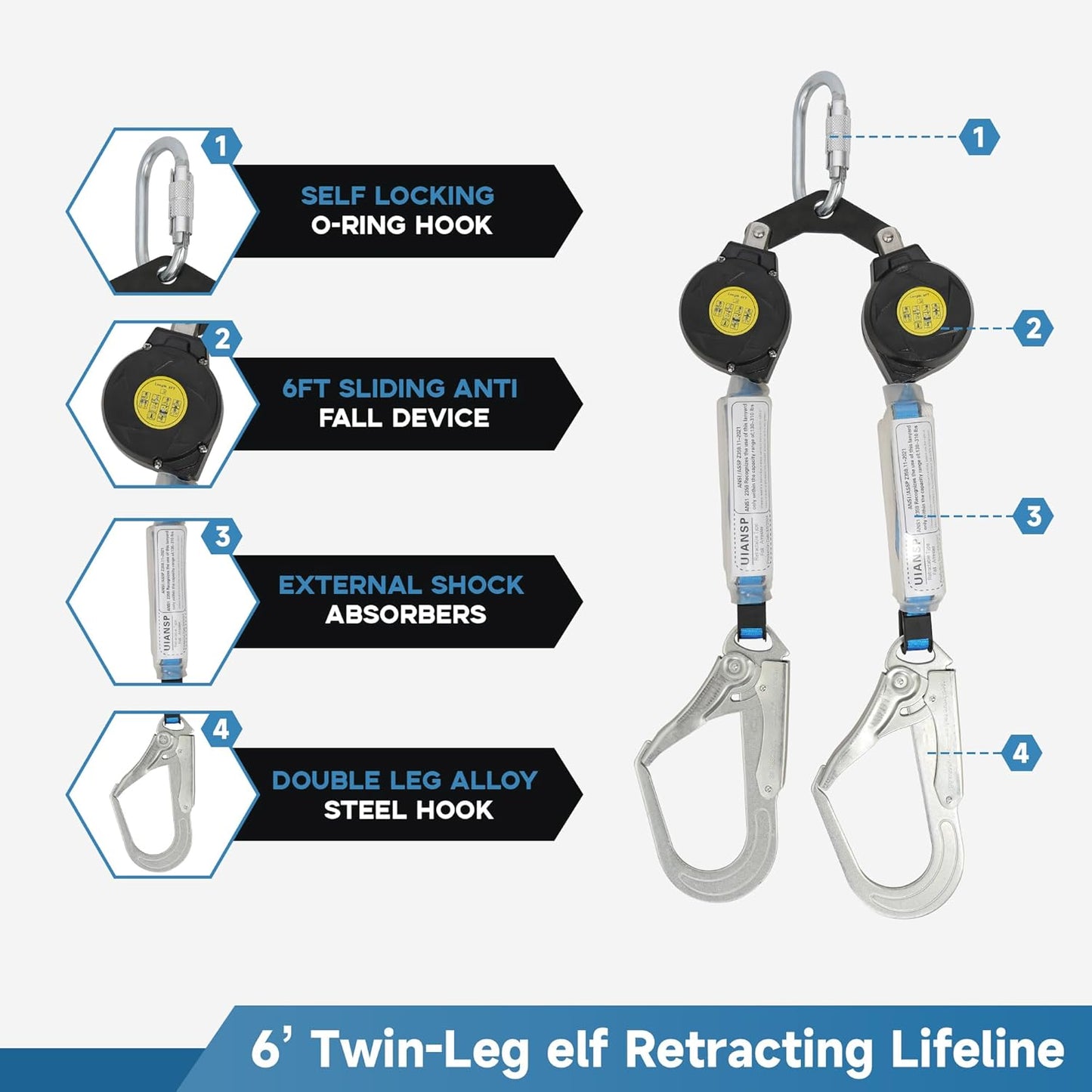 UIANSP 6 Twin-Leg [NO Tangle] Self Retracting Lifeline ANSI Class A SRL Rebar Hooks Shock Absorber Roofing Construction Personal Fall Arrest