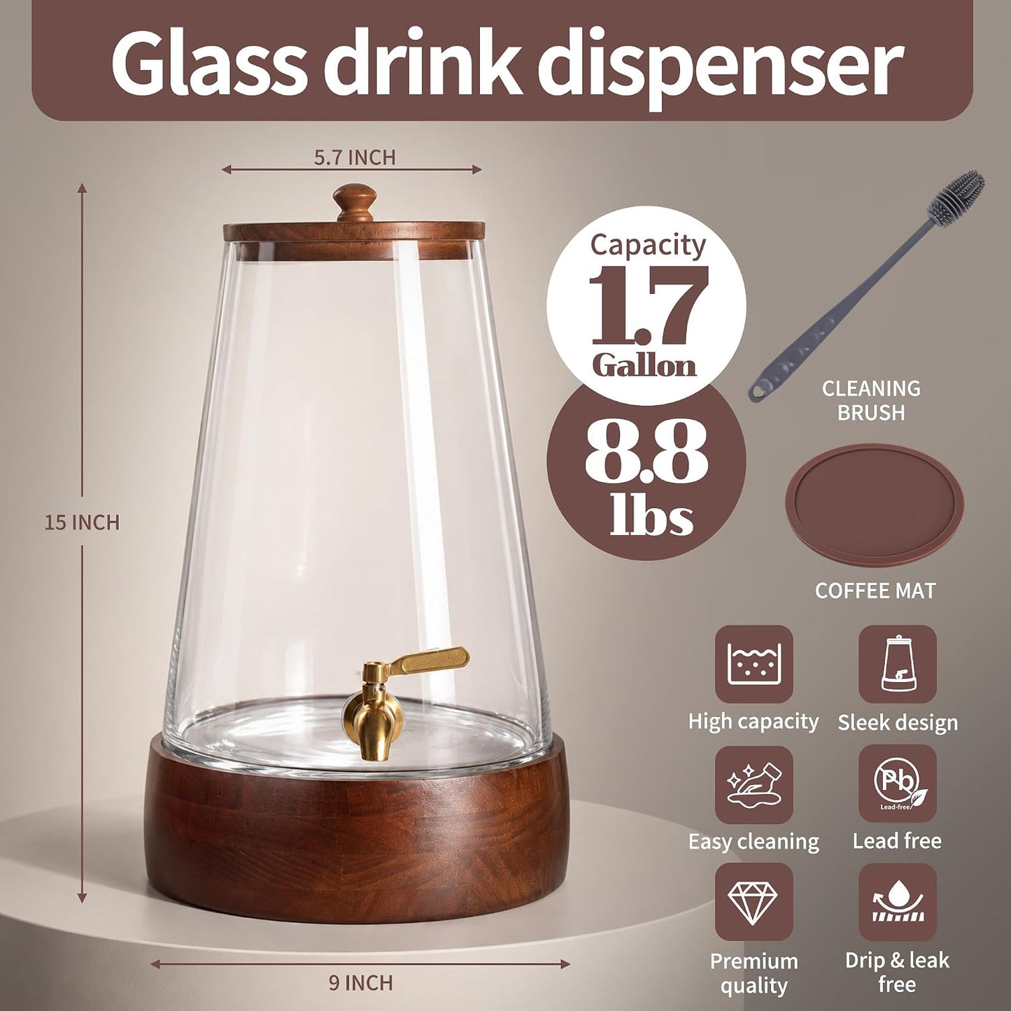 Glass Drink Dispenser with Spigot, 1.72 Gallon Beverage Dispenser for Parties, Acacia Wood Stand, Silicone Protection Mat & Cleaning Brush, Beverage Server for Lemonade, Juice, Iced Tea, Sangria