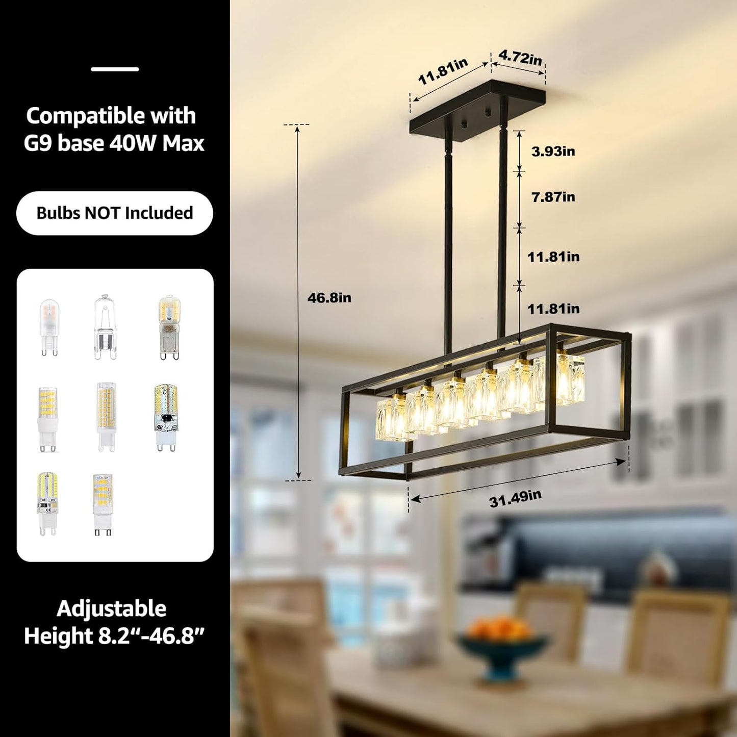 Crystal Kitchen Island Lighting, 6-Light G9 Modern Industrial Crystal Chandelier Dining Room Light Fixture, Black Rectangular Cage Hanging Pendant