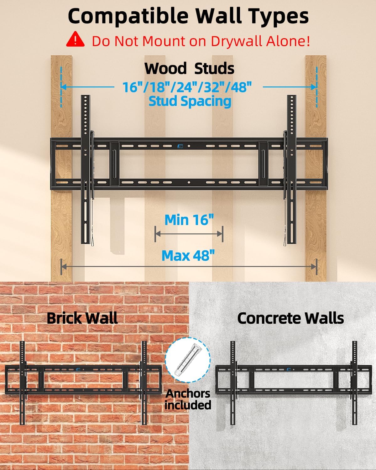HOME VISION Heavy Duty Tilting TV Wall Mount for 65-150 Inch Flat & Curved TVs, 264lbs Load Capacity, 2.44" Low Profile Wall Mount TV Bracket, Max VESA 1200×600mm, Fits 16/18/24/48 Inch Wood Studs