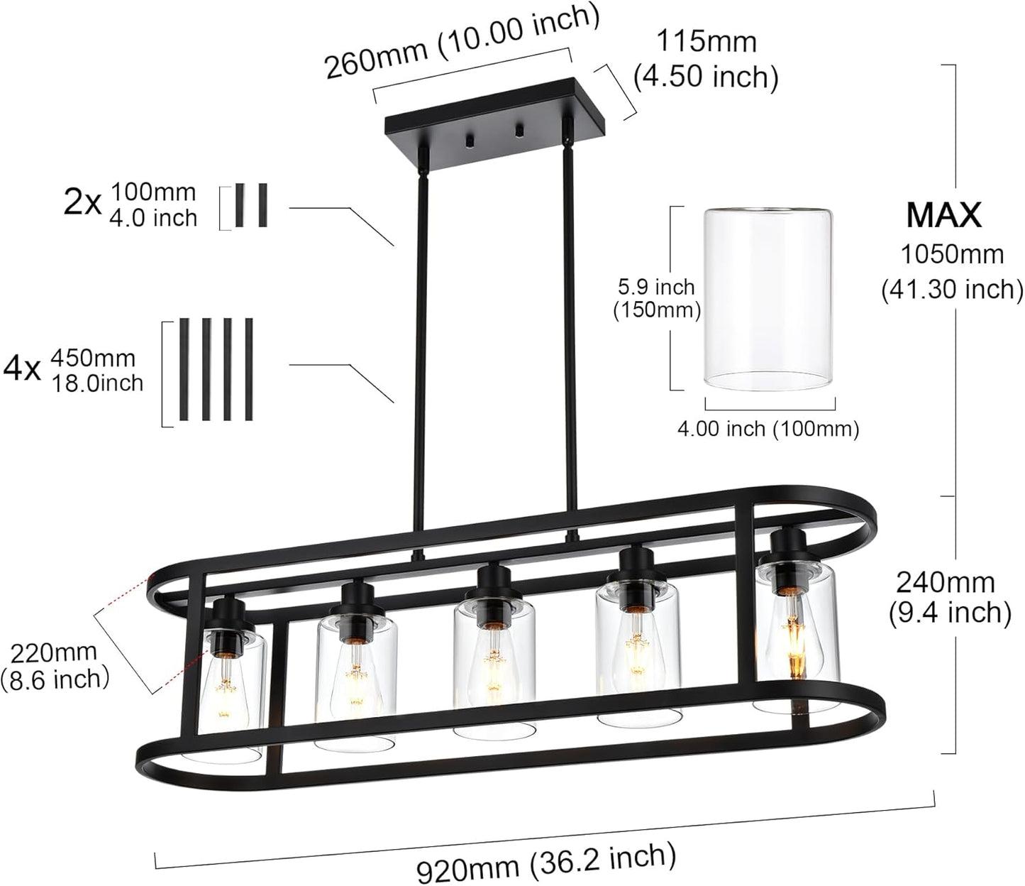 MELUCEE Dining Room Chandeliers 5 Light Black Kitchen Island Lighting Oval Linear Pendant Light Fixtures Ceiling Hanging with Clear Glass Shade for