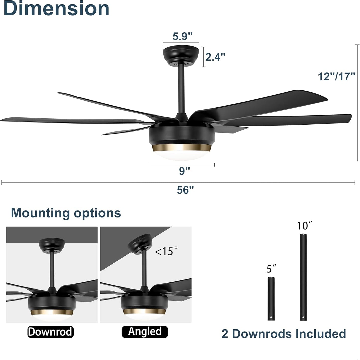 56 Inch Black, Quiet, Reversible Ceiling Fans with Dimmable 3-Color Lights and Remote