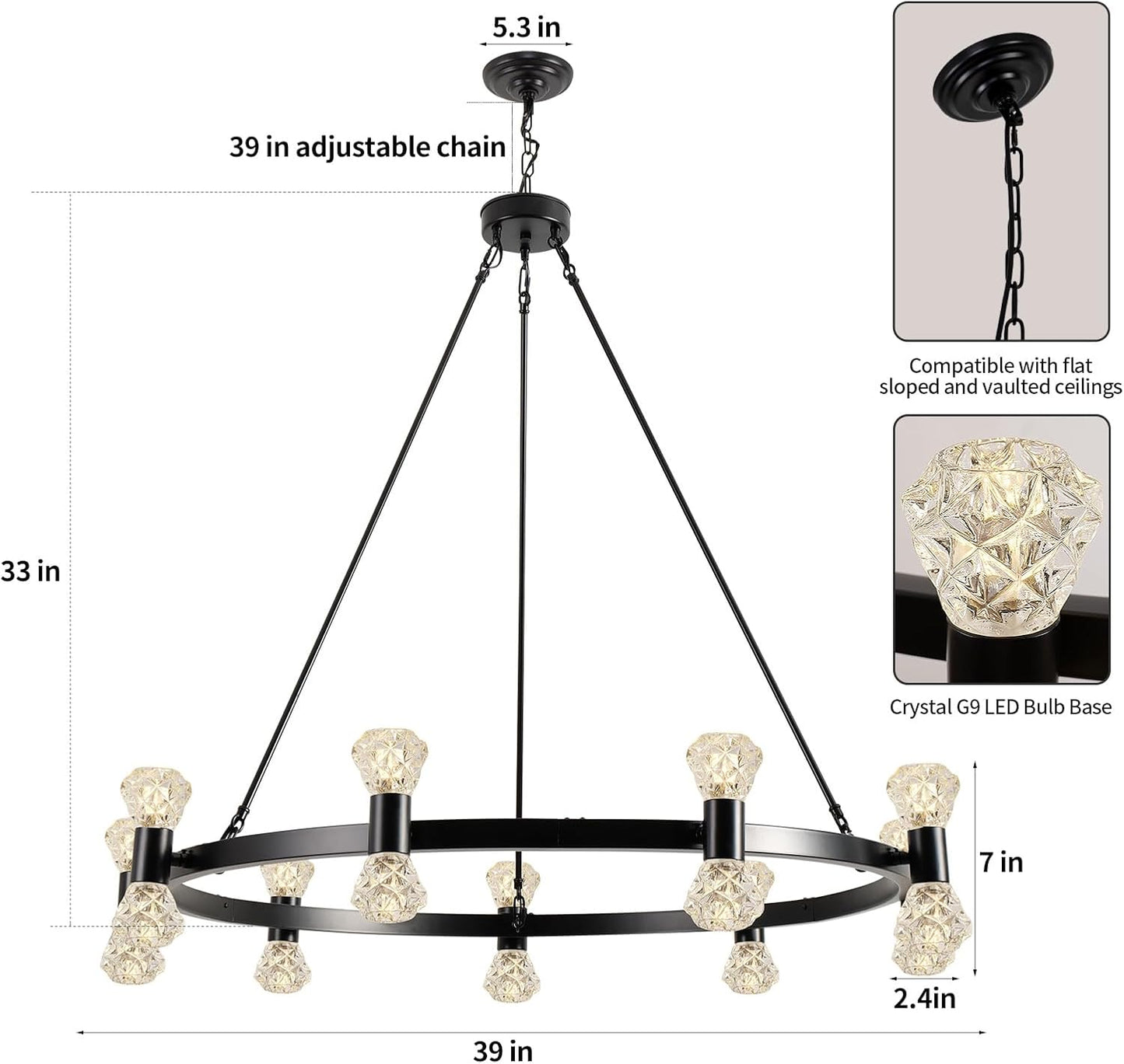 WOGON WEEL Wagon Wheel Chandelier LED 18-Light 39 Inch, Crystal G9 Light Black Modern Farmhouse Chandelier Extra Large for High Ceilings, Living Room