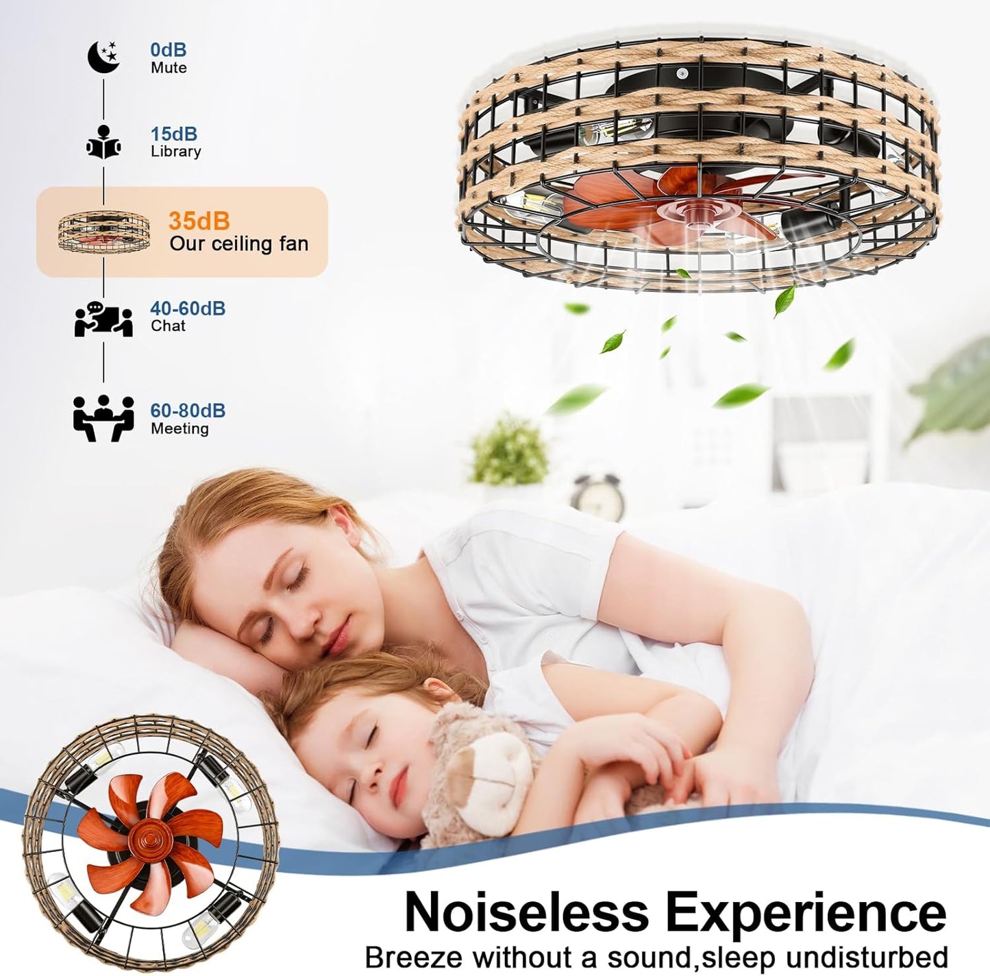 Low Profile Flush Mount Fandelier, Caged Ceiling Fan with Remote, Black Bladeless Enclosed Small Ceiling Fan Lights Fixtures for Bedroom Farmhouse (Rattan)