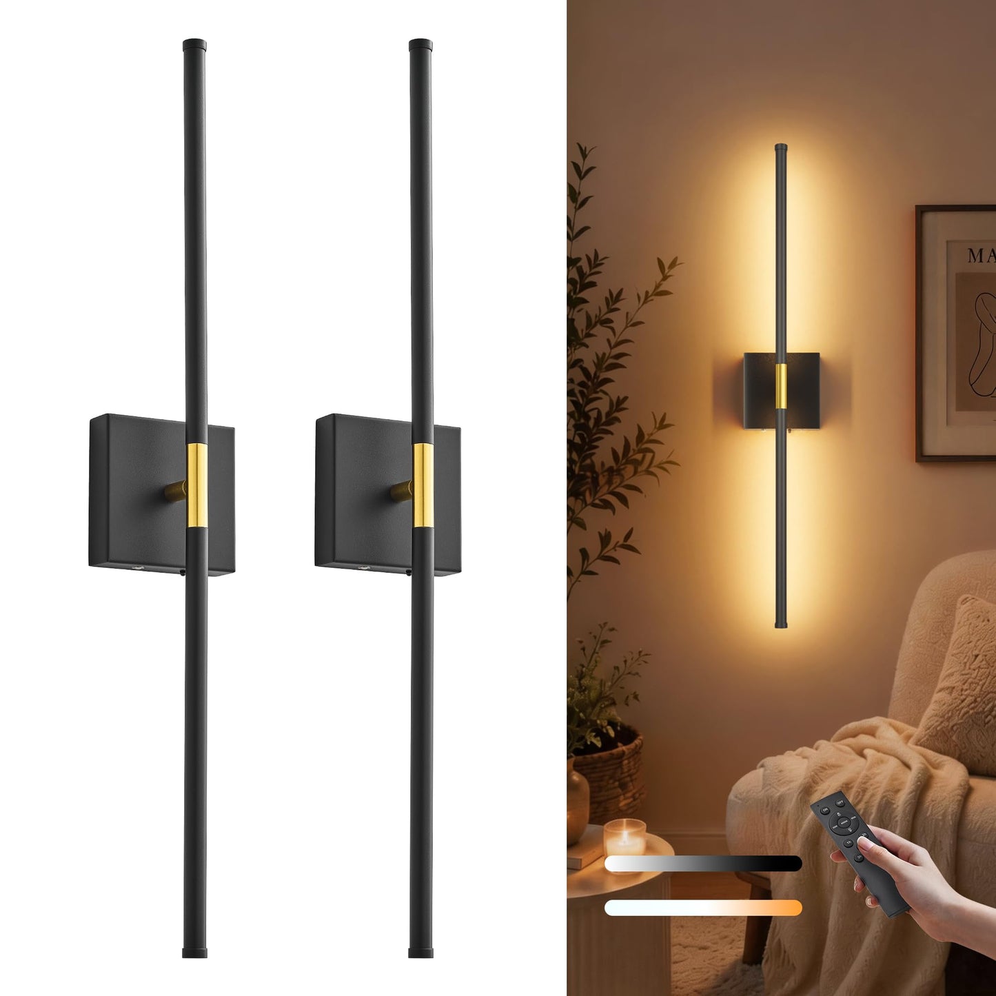 KARTOOSH 9000mAh Battery Operated Wall Sconces Set of 2, Black Gold | 28.7in Peel and Stick Sconces, Wireless, 3 CCT, Dimmable Wall Lights with Remote for Bedroom Living Room Hallway Black and Gold 28.7 inch