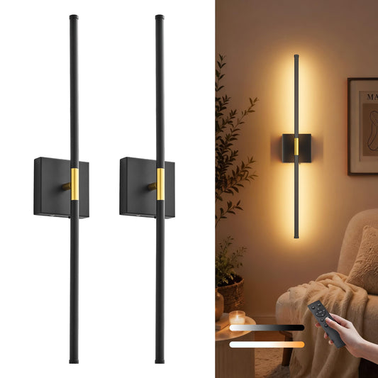 KARTOOSH 9000mAh Battery Operated Wall Sconces Set of 2, Black Gold | 28.7in Peel and Stick Sconces, Wireless, 3 CCT, Dimmable Wall Lights with Remote for Bedroom Living Room Hallway Black and Gold 28.7 inch