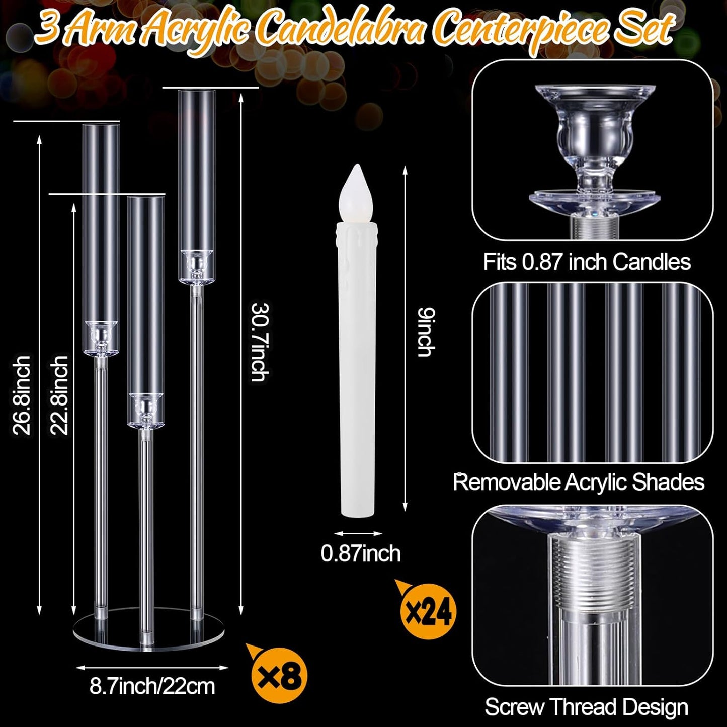 8 Set Acrylic Candelabra Centerpieces 3 Arm Clear Floor Candlesticks Candle Holders with Acrylic Shade Base 0.87&#34; LED Candles Decoration for