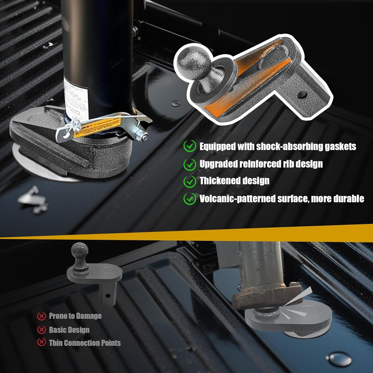 4" Offset Gooseneck Ball Extender with Anti-Rattle PU Washers, Square Base 2-5/16" Ball, 2" Rise, Coupler Support, Reinforced Gusset for Square Turnover Ball Hitches Grey 4" Extension