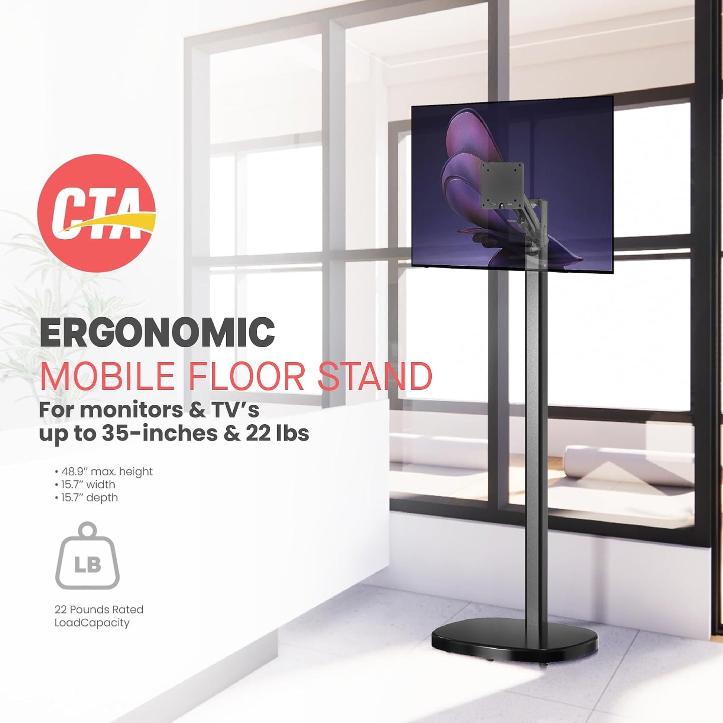 CTA Ergonomic Floor Stand for Monitors & TV’s Up to 35-inches & 22 lbs - Mobile Stand with Anti-Knockdown Base & Height Adjustable - Commercial Grade - Black - (ADD-MSADFSB)